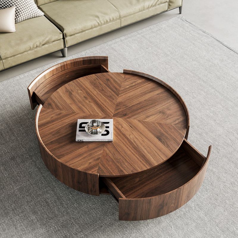 Round Wood Cocktail Table Set with 2 Drawers Modern Walnut Coffee Table