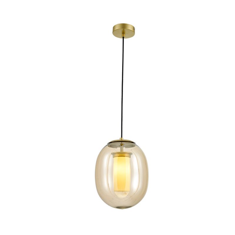 Amber Glass Oval Pendant Ceiling Light Contemporary 1 Head 7"/8.5" Gold Hanging Lamp Kit