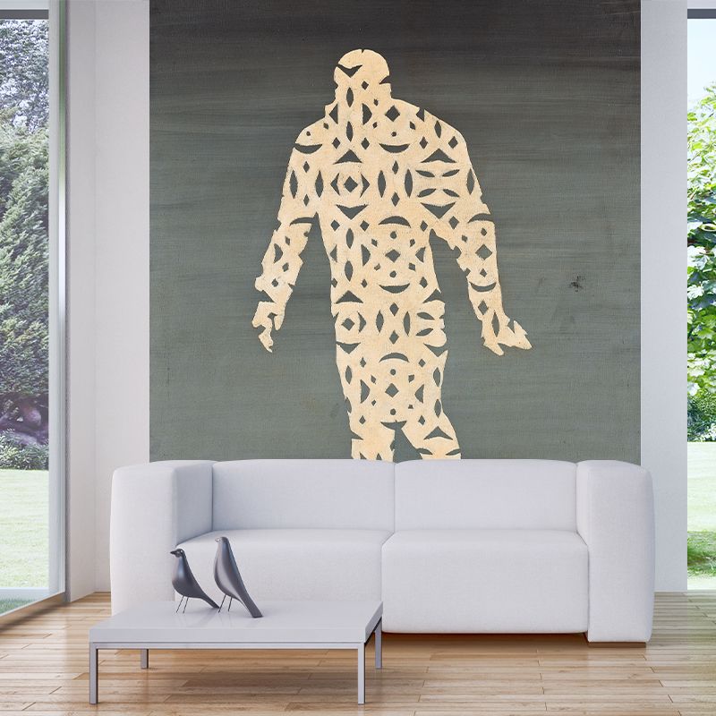 Surreal Paper-Cut Man Murals in Grey-Yellow Living Room Wall Decoration, Made to Measure
