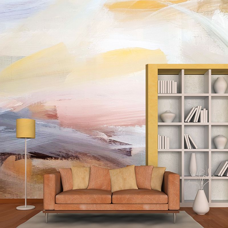 Minimalistic Brushstroke Painting Mural Pink and Blue Scenery Wall Decor for Living Room