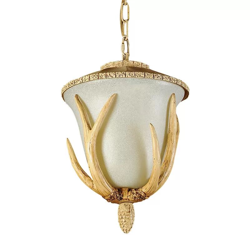 Single-Bulb Pendant Light Country Bistro Antler Detailed Hanging Lamp with Bell White Glass Shade in Brown