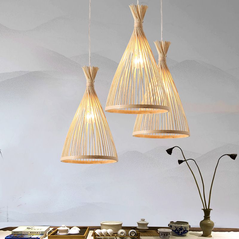 Bamboo Conical Pendant Lamp Japanese Style 1 Head Ceiling Hang Light for Tea Room