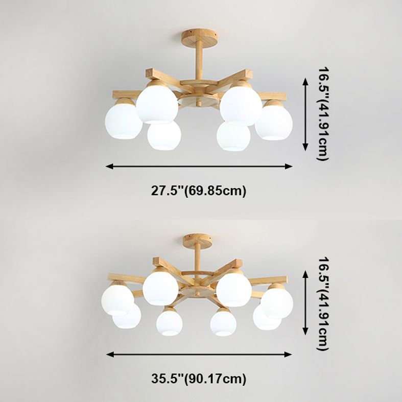 Moderne stijl houten kroonluchter witte bol glazen schaduw hangende verlichting armatuur voor salon