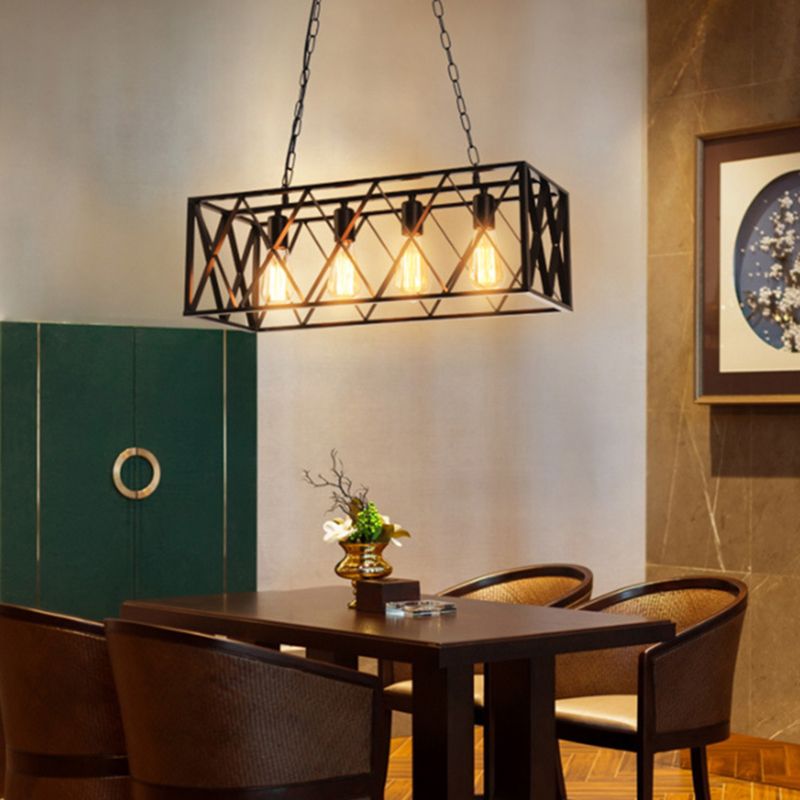 Black Industrial Island Pendant Lighting Cross Framed Box Iron Island Ceiling Light for Dining Table