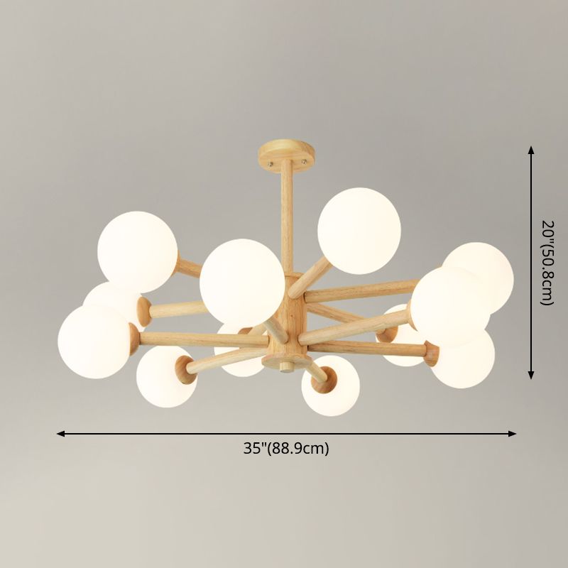 Beige Solid Wood Hanging Light Simplicity Modern Style White Frosted Glass Shade Chandelier Lamp for Living Room Bedroom