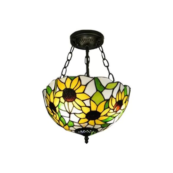 Bedroom Ceiling Light Tiffany, Sunflower Semi Flush Light with Rod and Stained Glass Shade