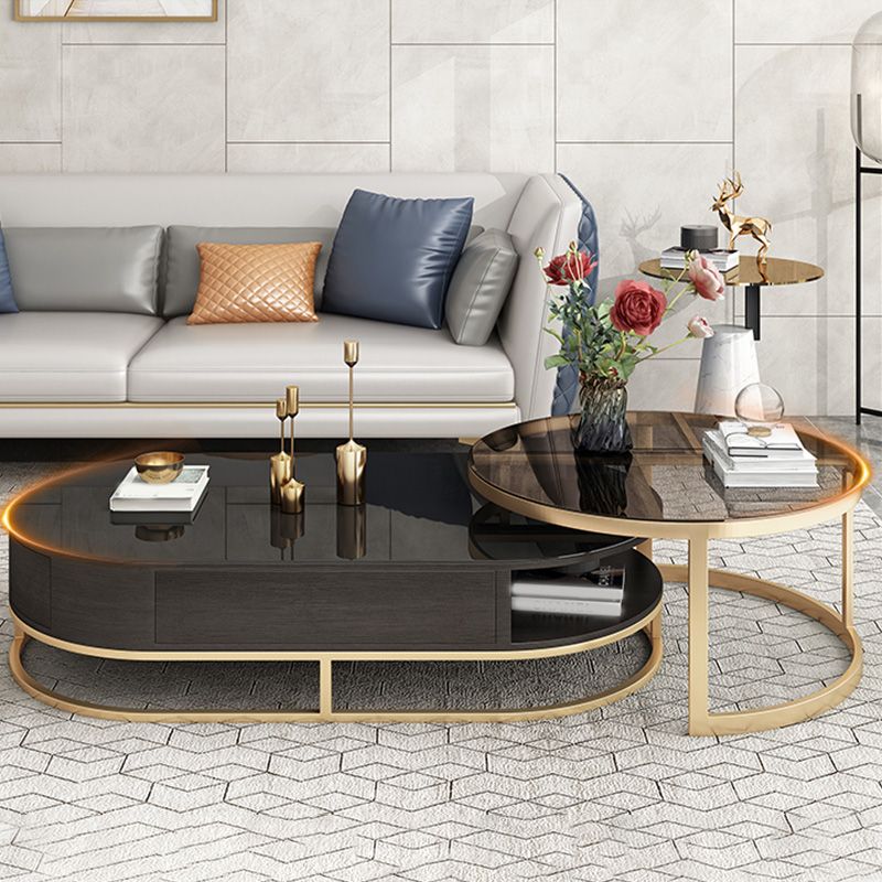 Frame Oval Coffee Table Glam Nesting Coffee Table Set with Drawer