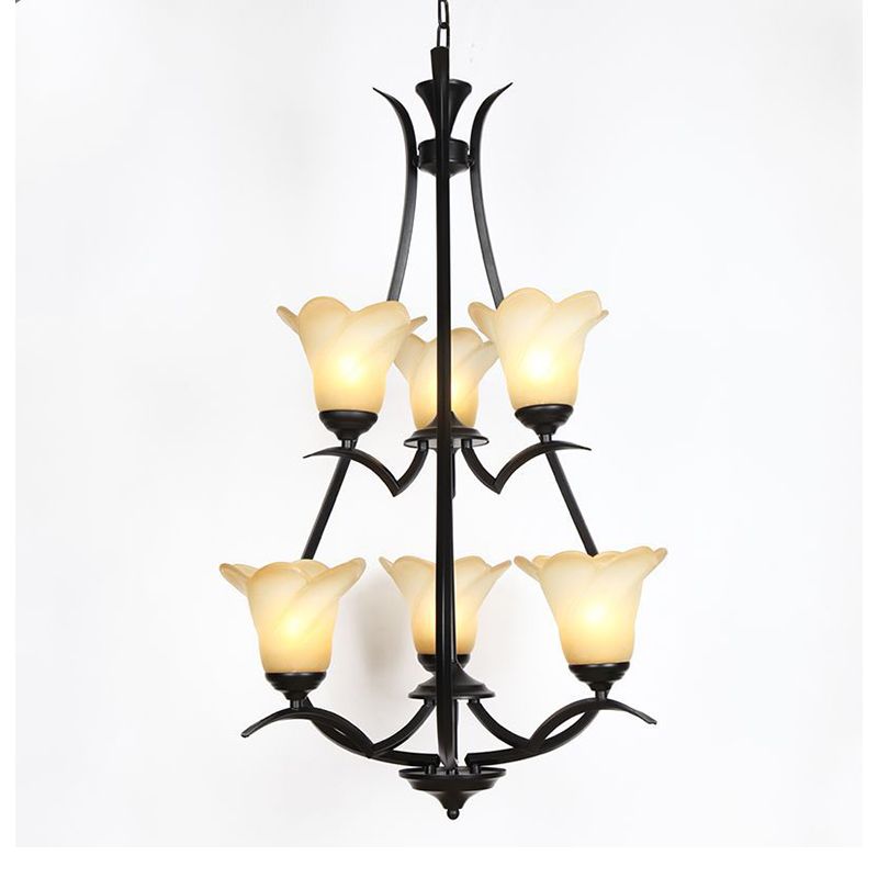 1/2-Tier Flower White Glass Chandelier Lighting Traditional 3/6/8 Lights Black Living Room Hanging Ceiling Lamp