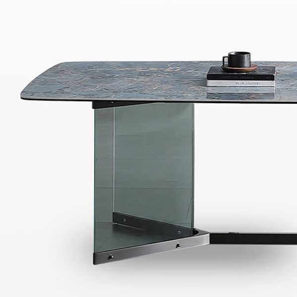 Rectangular Blue Stone Dining Table Modern Tempered Glass Furniture with Trestle Table
