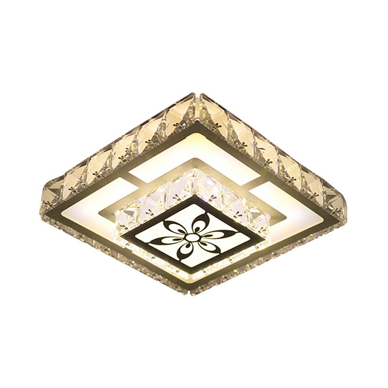 Modernist Round/Square Flush Light Beveled Crystal LED Corridor Ceiling Fixture in White with Flower Pattern, Warm/White Light