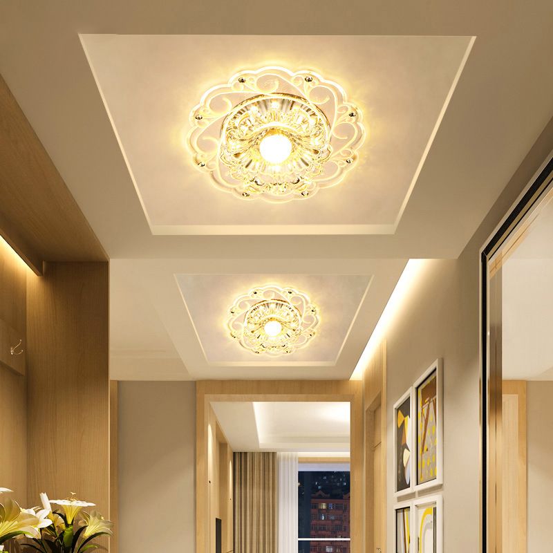Floral Swirls Crystal Ceiling Lamp Modernism Clear Flush Mounted Light for Entryway