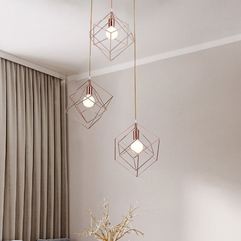 Rose Gold Finish Cube Cage Multi Ceiling Light Modern 3 Bulbs Iron Ceiling Suspension Lamp with Round Canopy
