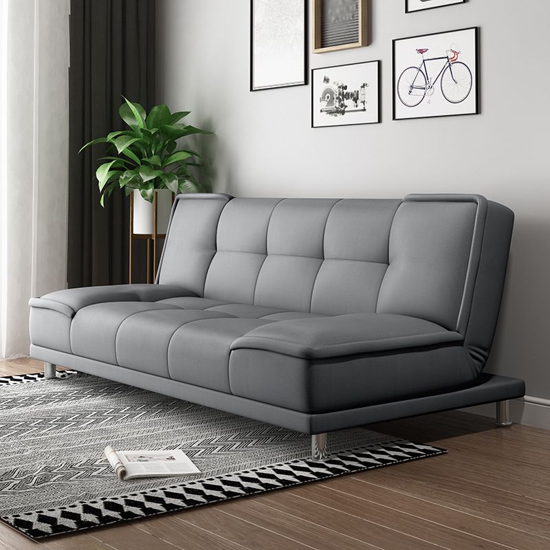 Linen and Faux Leather Sofa Couch Armless Biscuit Back Settee Couch
