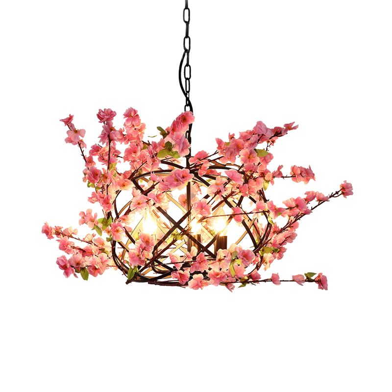 3 Lights Flower Chandelier Lighting with Bird Nest Metal Industrial Restaurant Drop Pendant in Pink