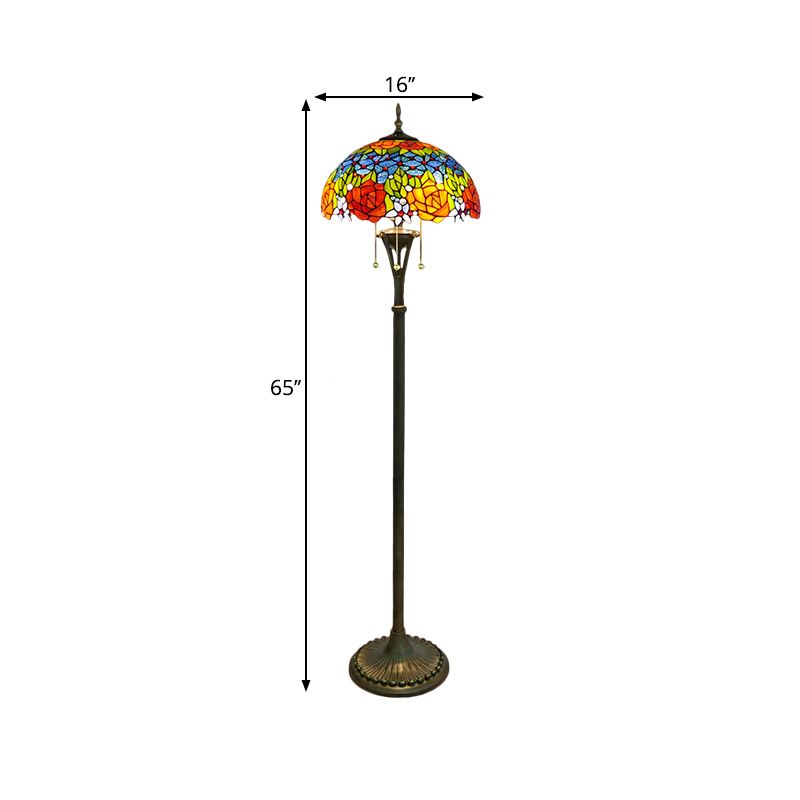3 Bulbs Flower/Grapes Floor Lighting Tiffany Style Blue and Green/Red and Yellow Standing Glass Standing Lamp with Pull Chain