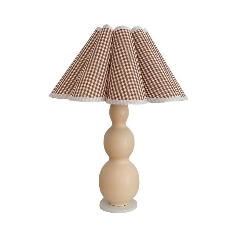 Nordic Flared Night Lamp Fabric 1-Bulb Bedside Table Lighting with Porcelain Gourd Base in Coffee/Beige