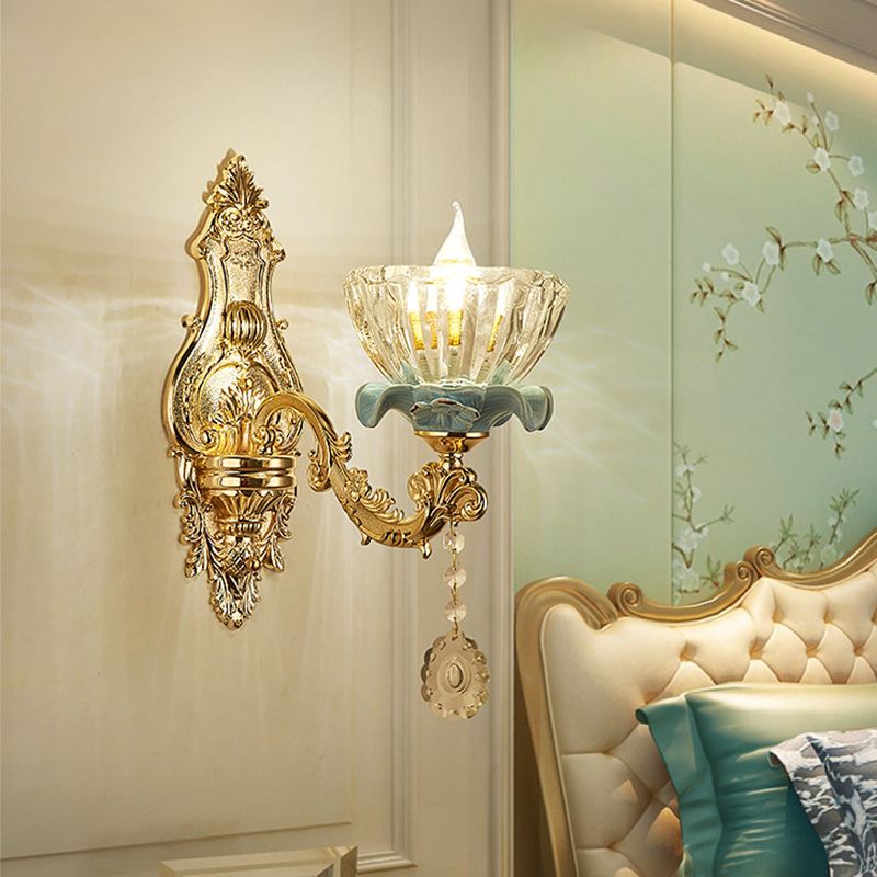 Glass Gold Wall Mount Light Ruffle Flower Retro Wall Lighting with Crystal Draping