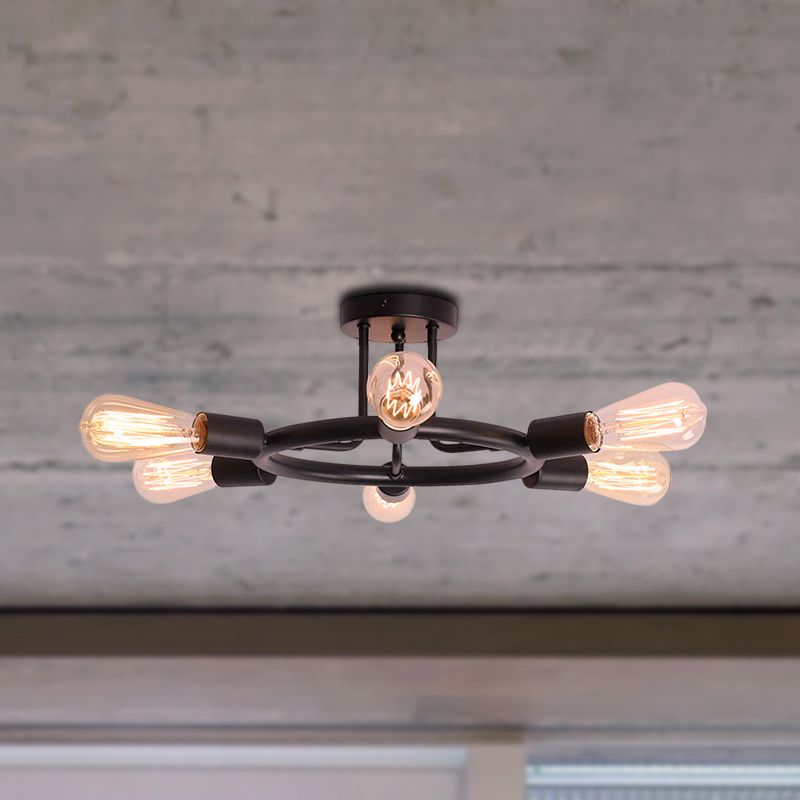 Bare Bulb Semi Flush Ceiling Light Mid Century Metallic 6 Heads Semi Mount Light in Brass/Black Finish