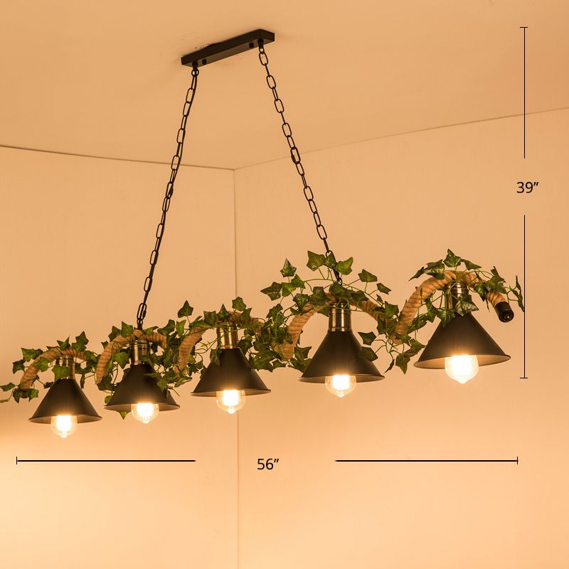 Farmhouse Shaded Pendant Lamp Metallic Hanging Island Light with Faux Plant in Green