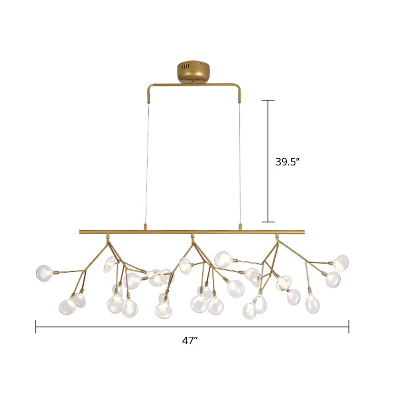 Minimalist 27-Bulb Island Light Brass Finish Branch Hanging Lamp with Glass Shade