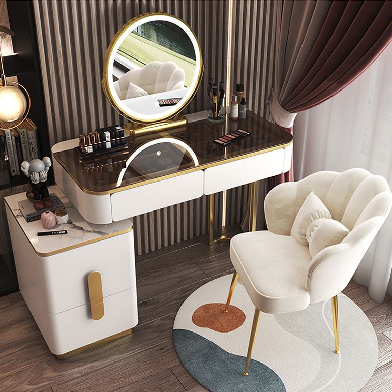Glass Top Make-up Vanity Wood Dressing Table with  Storage Drawers