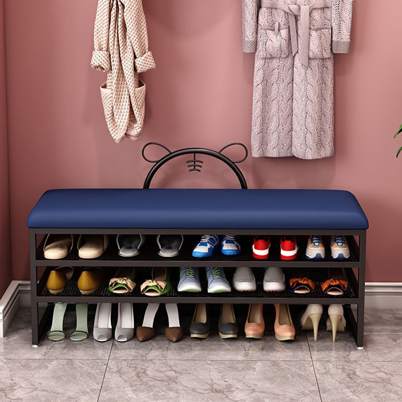 Modern Entryway Bench Cushioned Rectangle Metal Seating Bench with Shelves