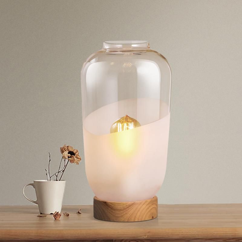 Lámpara de mesa de noche sencilla con forma de tarro, cristal transparente y blanco, 1 cabezal, con base de madera
