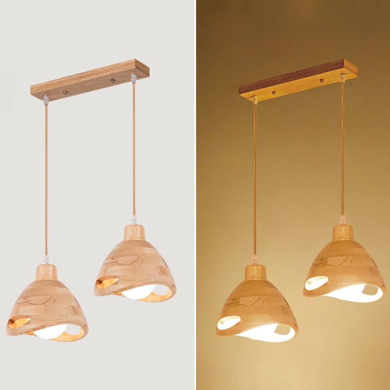 Bedroom Contemporary Hanging Light Creative Wood Shade Pendant Lamp in Beige