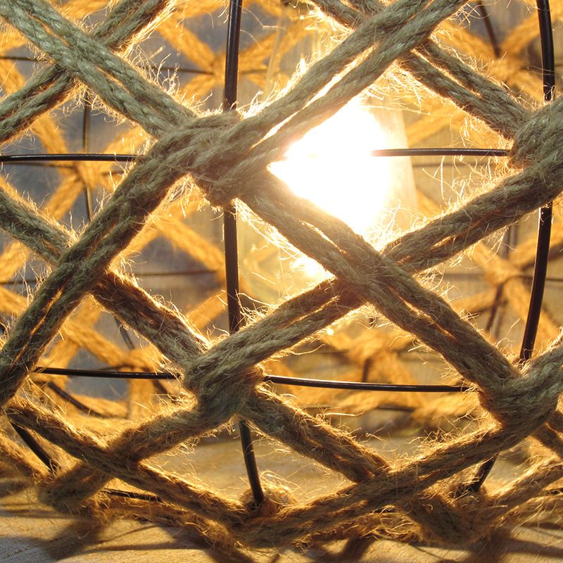 Beige Drum Ceiling Light Industrial Hemp Rope Single Restaurant Hanging Pendant Light with Decorative Ivy