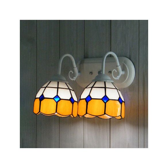 2 Heads Domed Wall Sconce Tiffany Stained Glass Wall Light in Yellow for Library Office