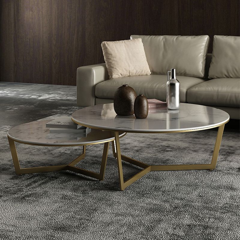Glam White Frame Coffee Table Round Slate Top Cocktail Table
