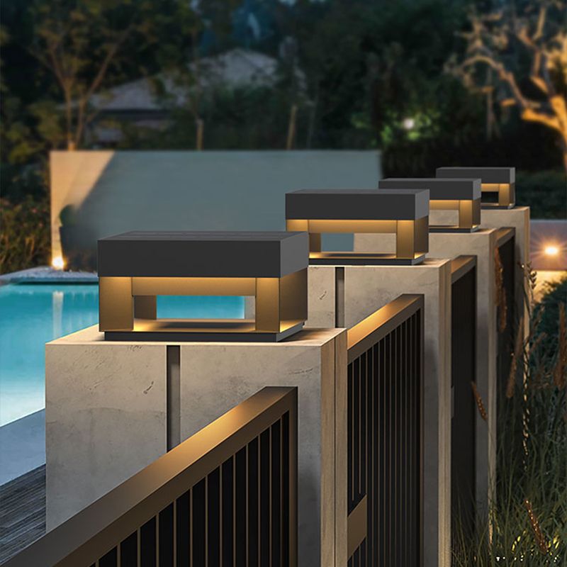 Contemporary Metal Pillar Lamp Square Shape Outdoor Waterproof Light in Black