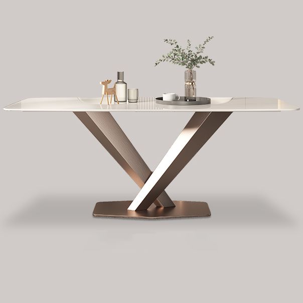 Traditional Luxury Dining Table Rectangle Sintered Stone Pedestal Table with Rose Gold Frame