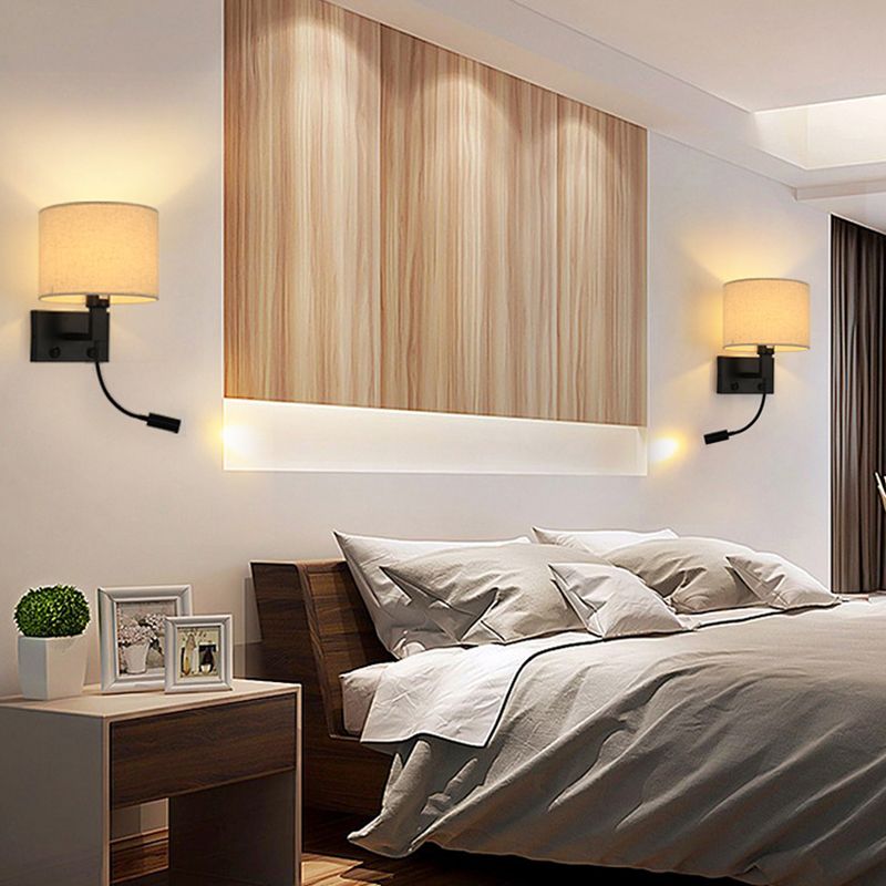 Modern Cylinder Wall Light Fixture Fabric 2 Lights Wall Sconce for Bedroom