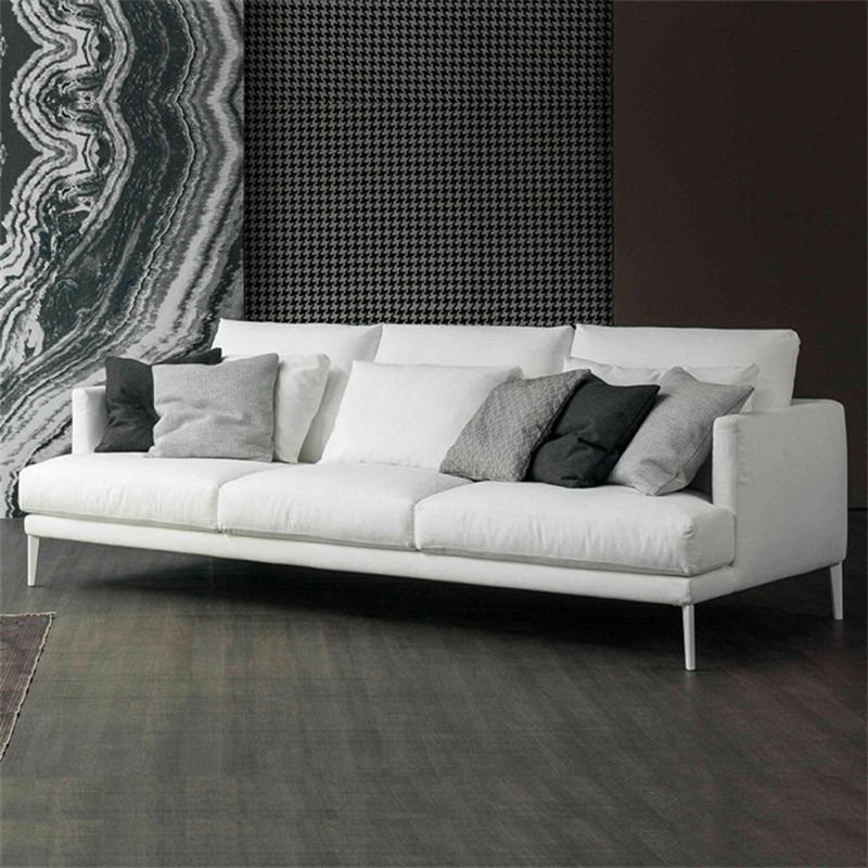 Black/White 3-seat Fabric Sofa Square Arm Sofa with Bolster Pillows