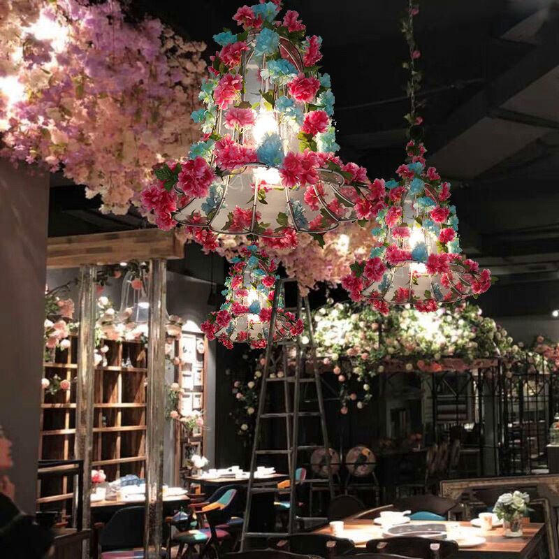 Pink Cherry Blossom Posting Chandelier Retro Metal 3 Bombullas LED RESTANTION LUZ
