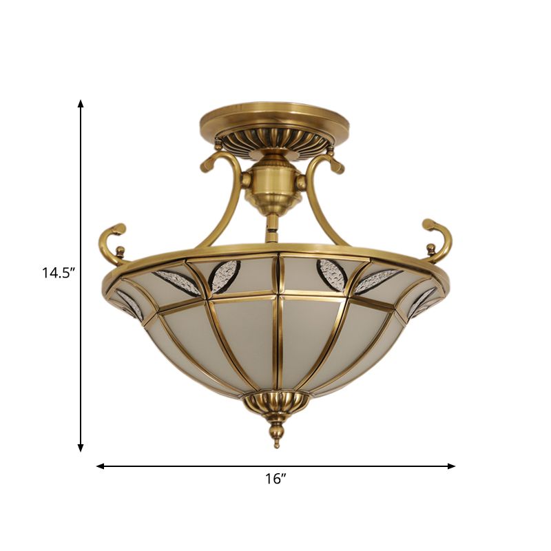 Brass 3 Heads Semi Flush Light Colonialism Sandblasted Glass Dome Ceiling Fixture for Porch