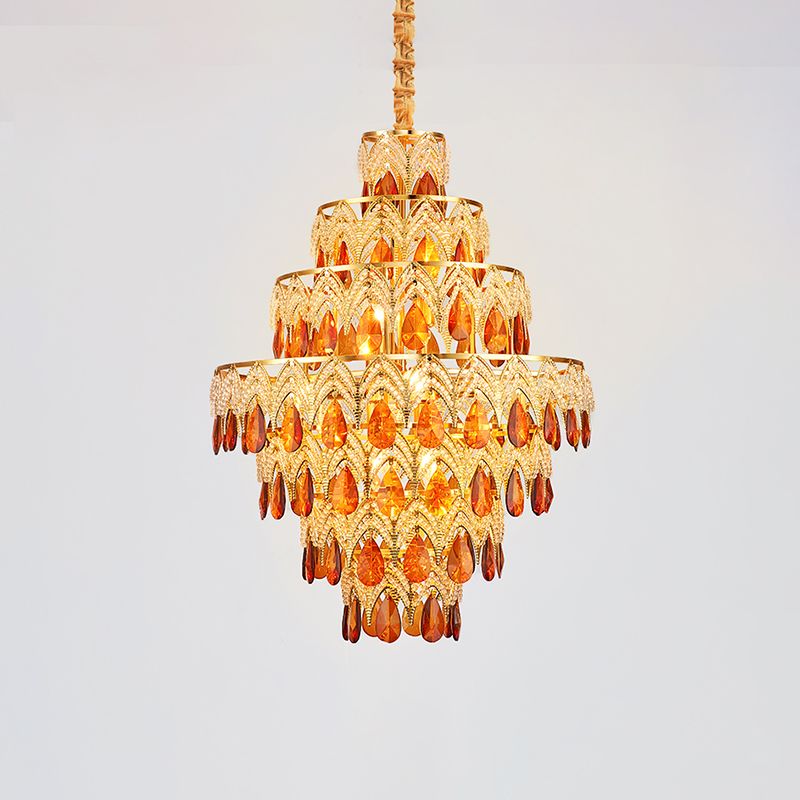 7-laags taps toelopende eetkamer hangende licht retro tan kristal 8 koppen gouden kroonluchter hanger