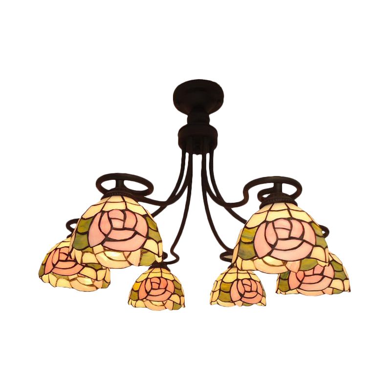 6 Lights Rose Semi Flush Mount Lighting Tiffany Pink Cut Glass Ceiling Light Fixture for Bedroom