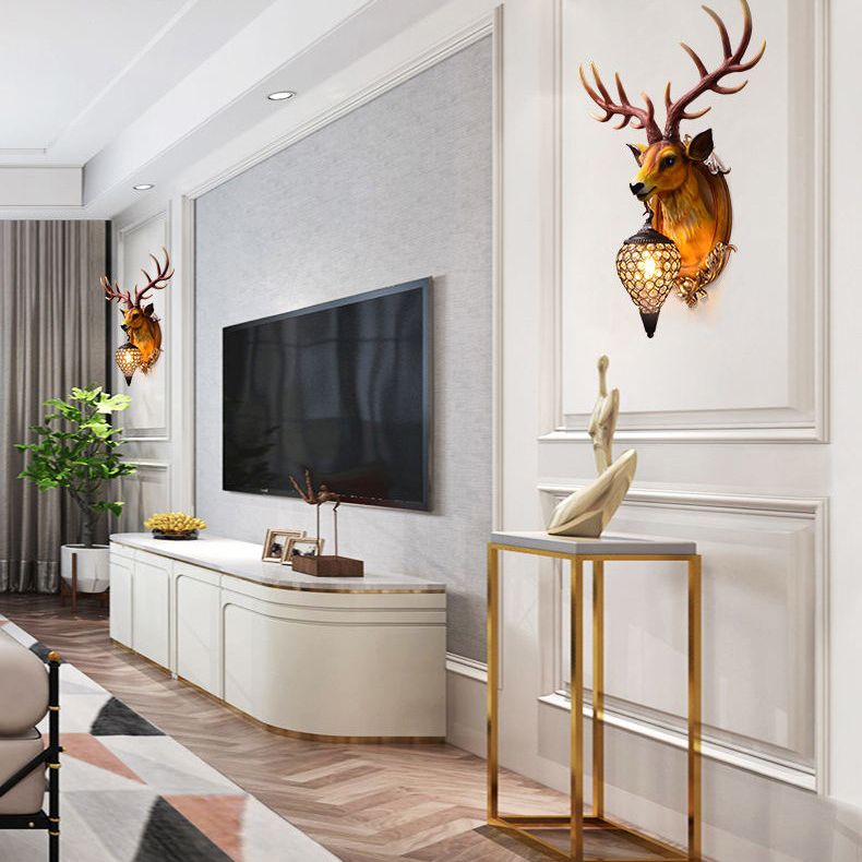 Resin Deer Wall Sconce Lamp Decorative 1-Light Crystal Wall Light for Living Room