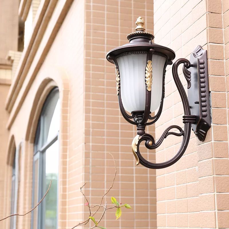 Vintage Bell Wall Light Fixture Single Frosted Rib Glass Wall Mounted Lamp in Coffee for Outdoor