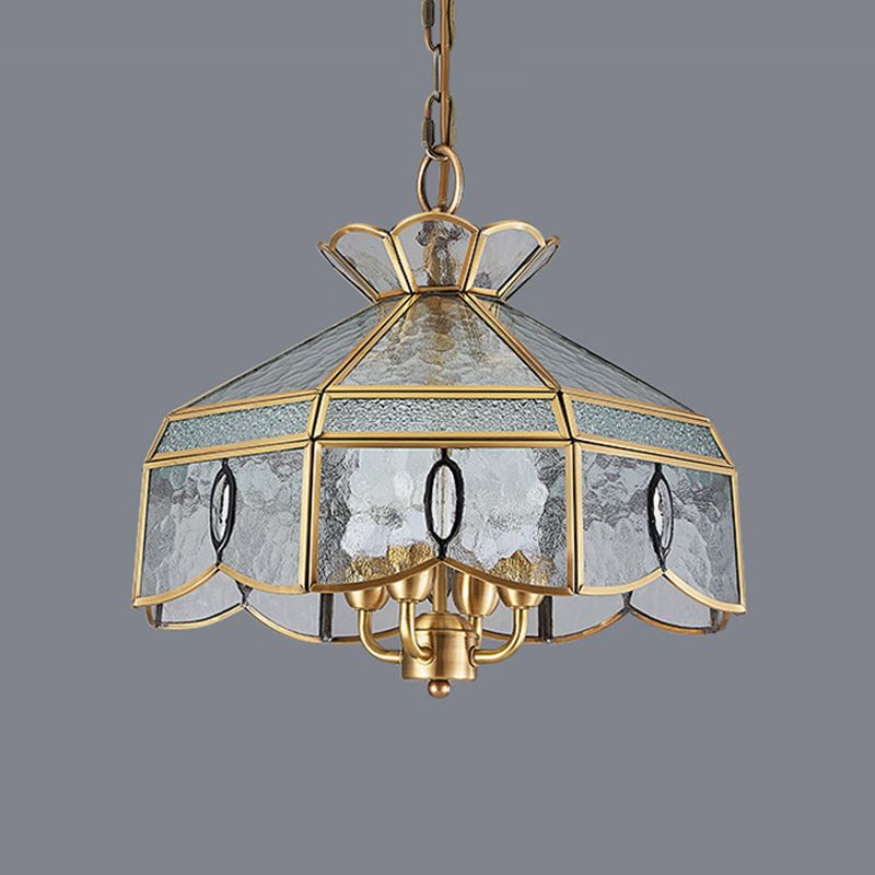 Candelera colgante geométrica de estilo colonial 4 luces Lámpara de techo de vidrio de agua transparente en latón