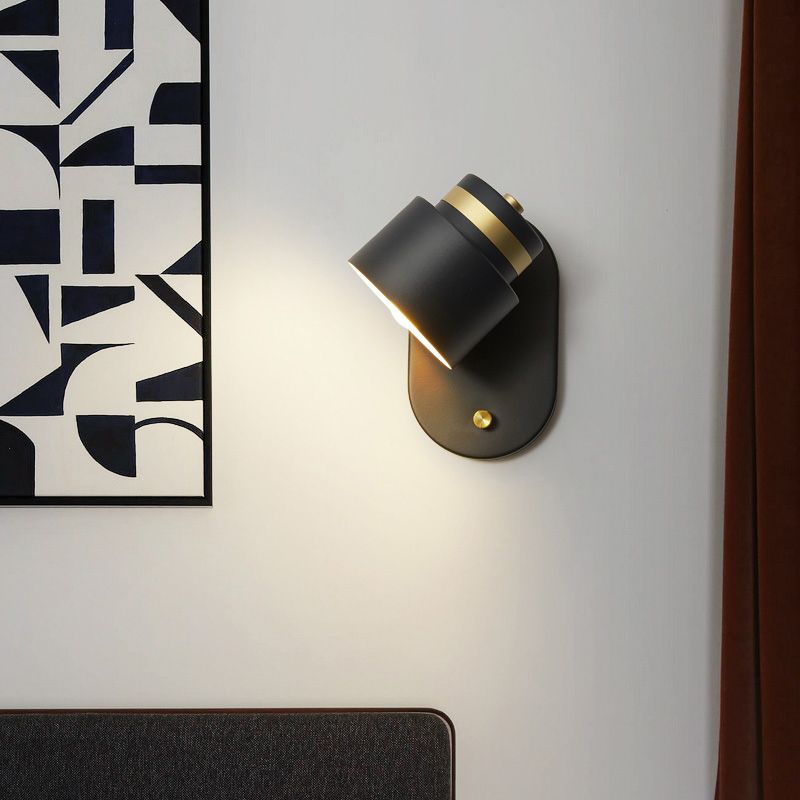 Metal Small Drum Wall Mount Lighting Modern 1 Head Black and Gold LED Rotatable Sconce Lamp
