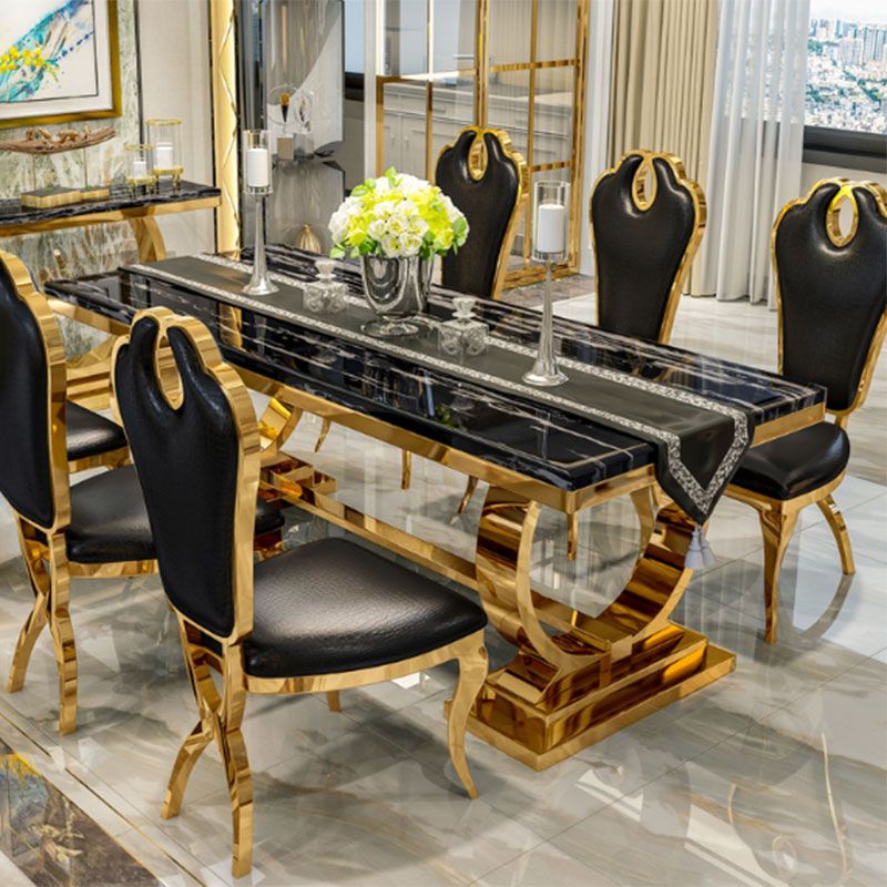Traditional Luxury Marble Dining Table Rectangle Table with Metal Base in Gold