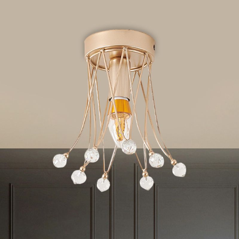Brass Crown Semi Flush Mount Minimalist 1/3-Light Metal Ceiling Lighting with Crystal Orbs Design