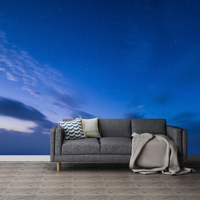 Blue Contemporary Mural Decal Full Size Cloud and Starry Sky Wall Decor for Bedroom
