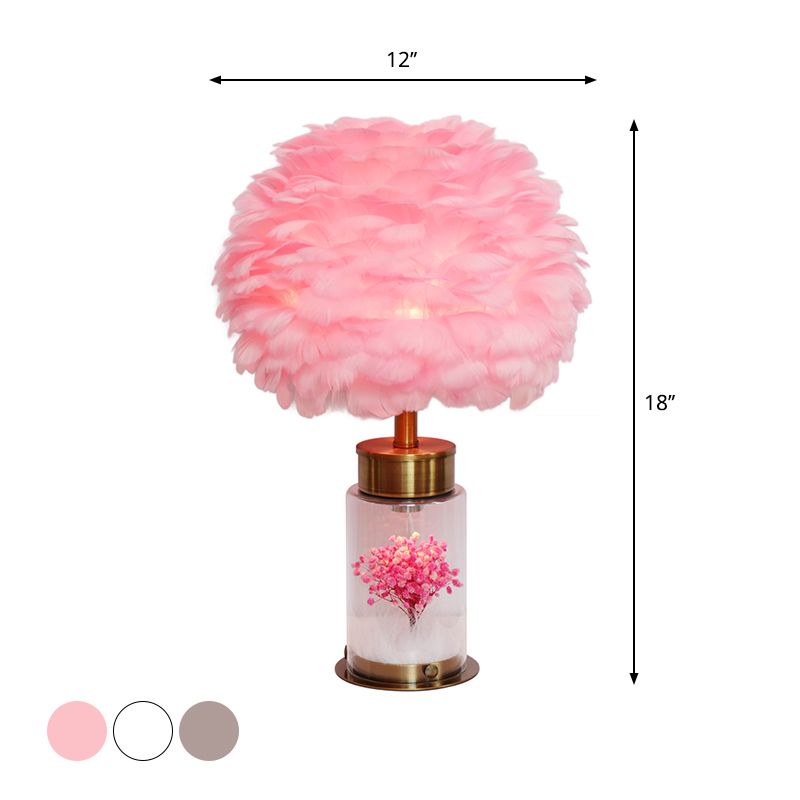 Lampe d'étude du globe de plumes nordique 1 Bureau de bureau avec base de bouteille et décoration de fleurs intérieures en gris / blanc / rose