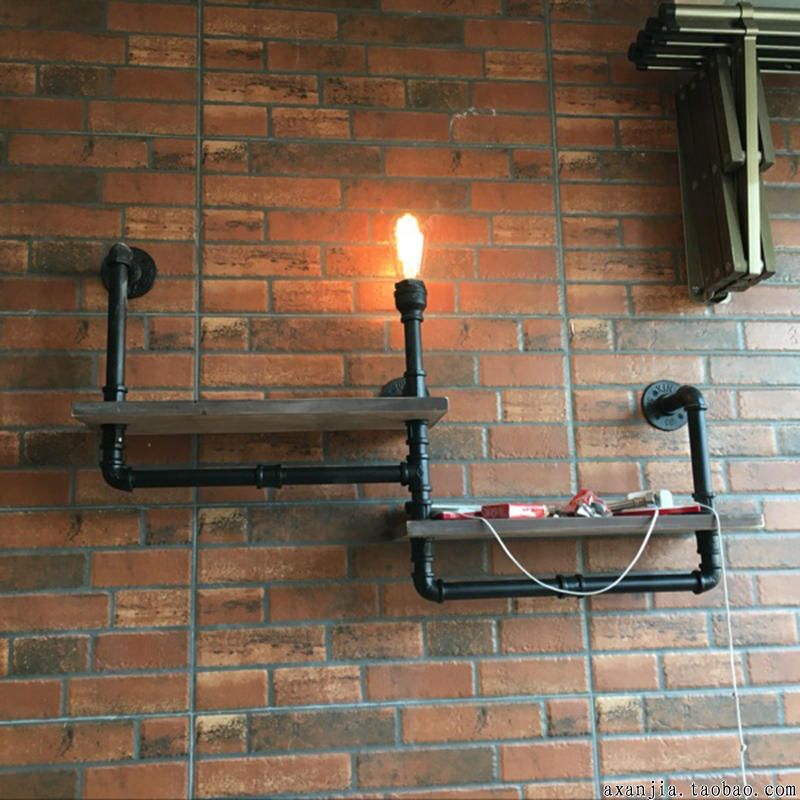 1/2-Bulb Wood Shelf Wall Lighting with Water Pipe Vintage Stylish Bronze Wall Mount Light for Living Room