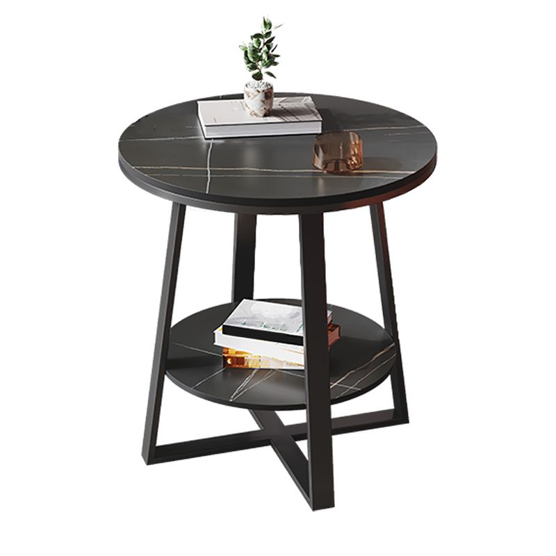 Contemporary Stone End Table Cross Base Round Top Side End Table with Shelf