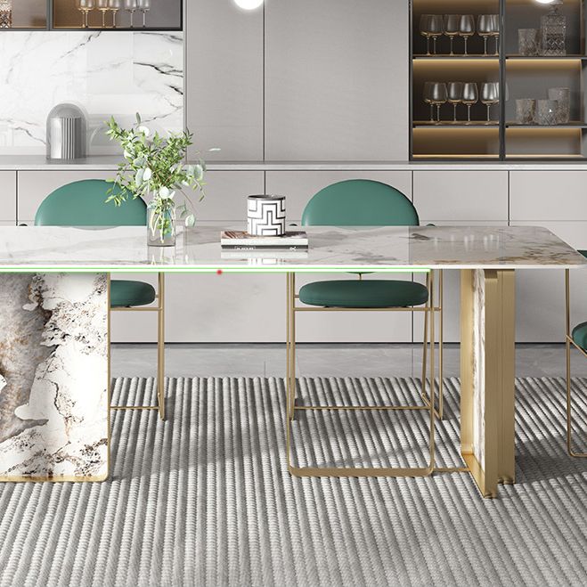 Mesa de comedor de piedra sinterizada de estilo contemporáneo con mesa fija blanca y base de doble pedestal